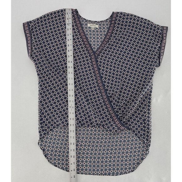 Max Studio Blue & Pink Faux Wrap Hi Low Chiffon Blouse Sm, Boho, Preppy, Office - Picture 9 of 10